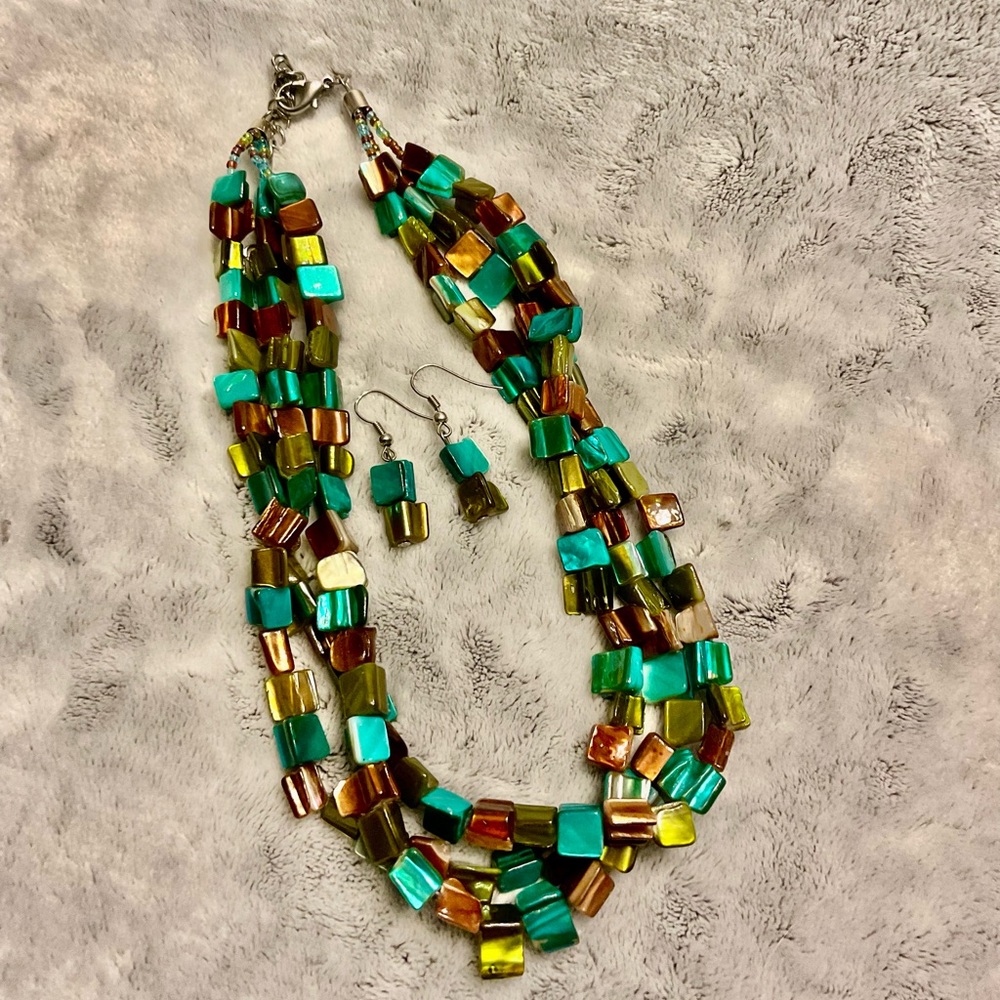 Brown and Green Multi-Strand Necklace with Natural Beads